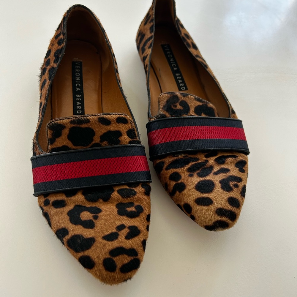 Veronica Beard Leopard Print Loafers with Red and Navy Accents 39